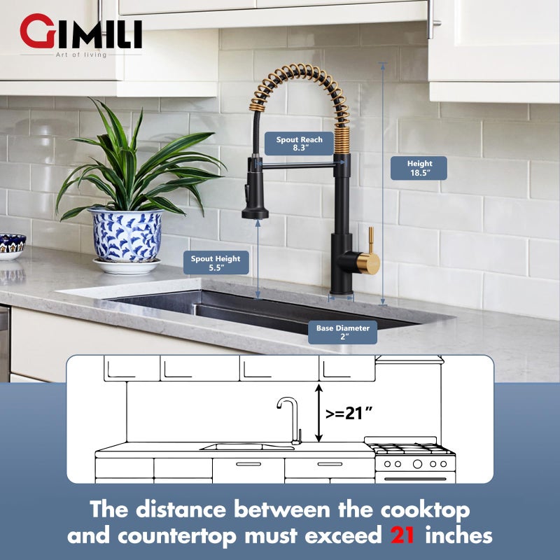 GIMILI Kitchen Faucet with Pull Down Sprayer Single Hole Stainless Steel Sink Faucet, Suitable for Farmhouses, RV, Laundry Room, Outdoor, and Campers. Llave para fregadero de cocina Black and Gold - Image 2